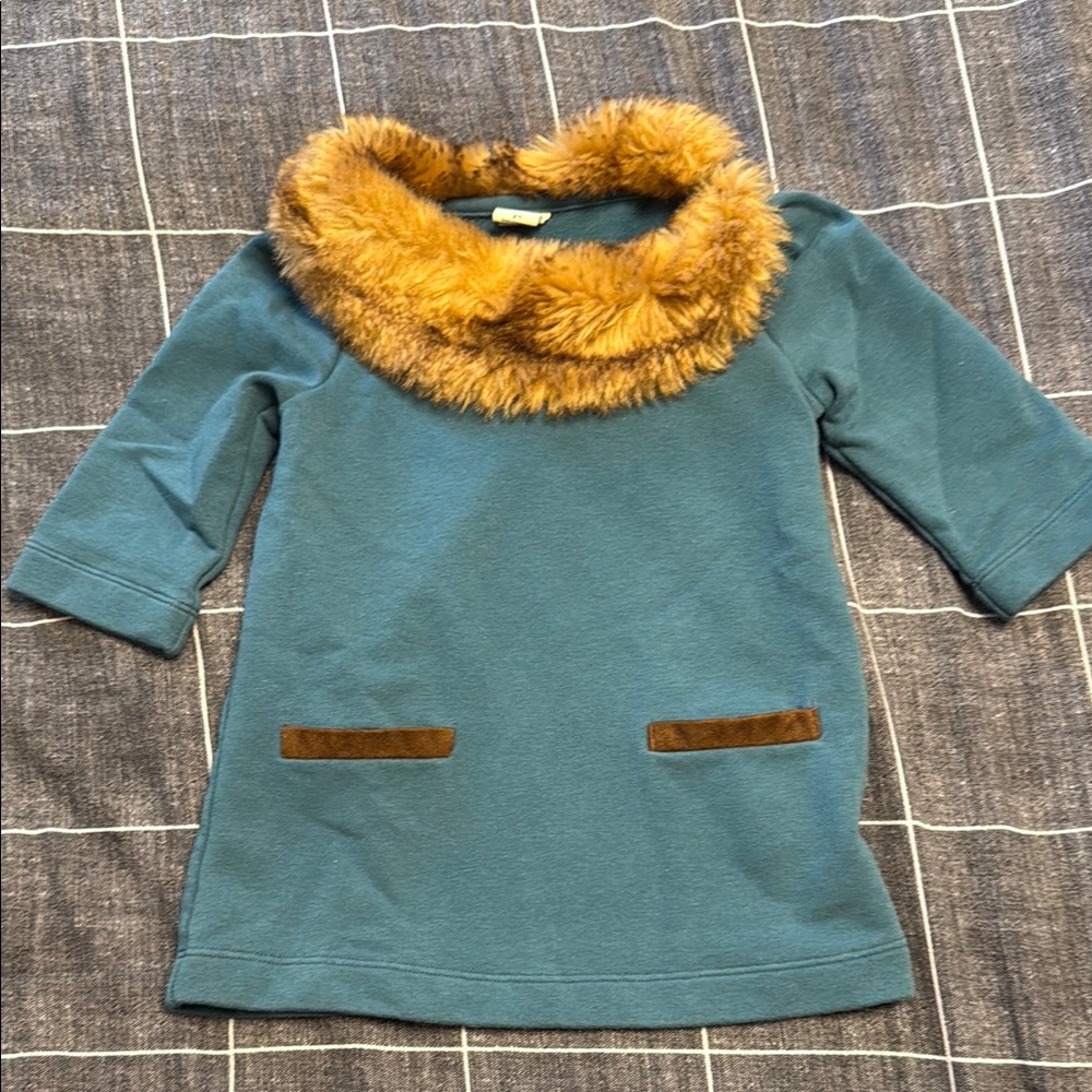 Janie and Jack Teal Dress Tunic with Faux Fur Collar 2T